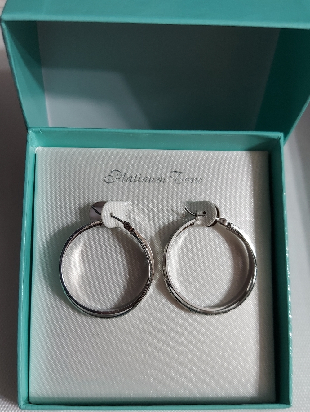 Sears 'Platinum Tone' Polished & Textured Silver Tone/Medium Hoop Earrings